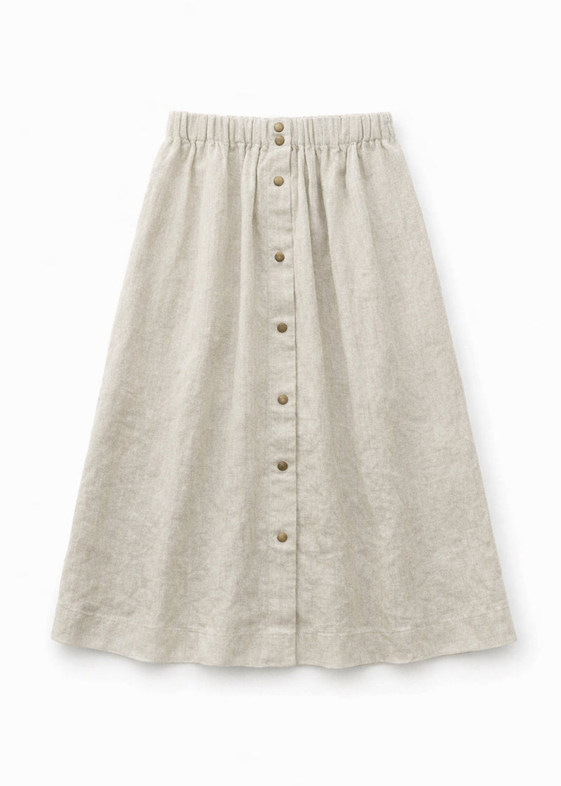 Brass-Snap Gathered A-Line Linen Midi Skirt in Linen in Natural — flat lay