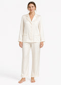 Notch-Collar Satin Pajama Set in Natural - on model