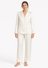 Notch-Collar Satin Pajama Set in Natural - on model
