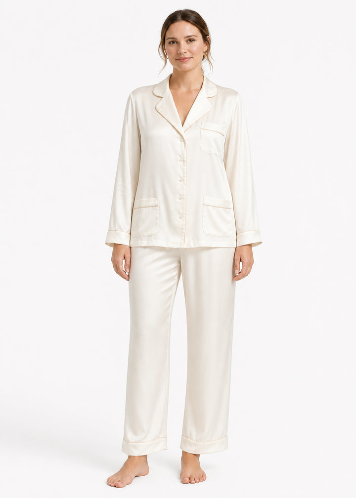 Notch-Collar Satin Pajama Set in Natural - on model