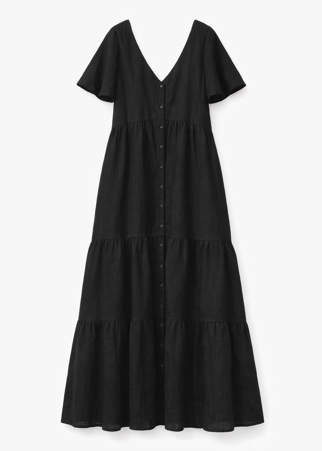 Flutter-Sleeve Tiered Linen Maxi Dress in Linen in Black — flat lay