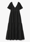 Flutter-Sleeve Tiered Linen Maxi Dress in Linen in Black — flat lay