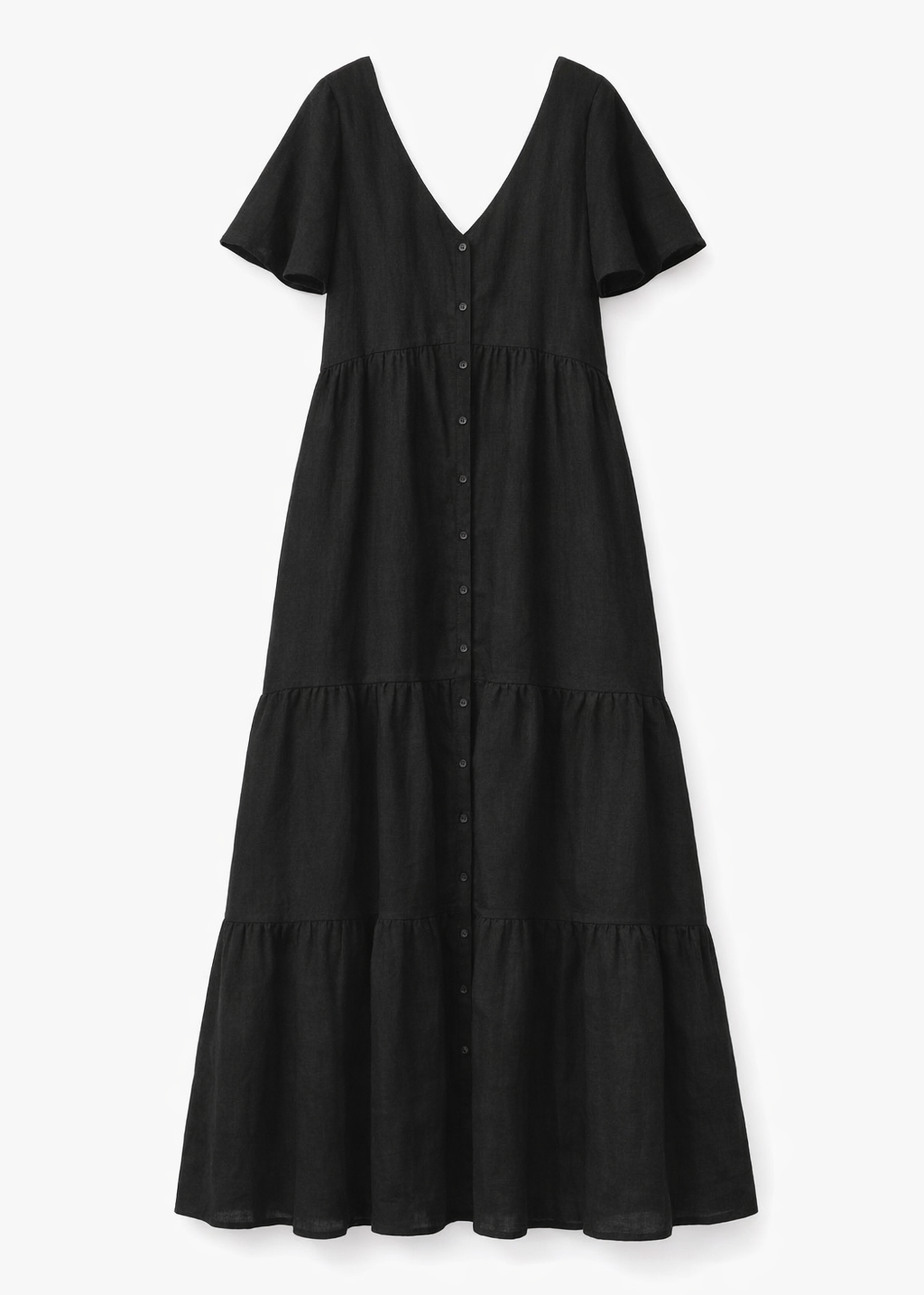 Flutter-Sleeve Tiered Linen Maxi Dress in Linen in Black — flat lay