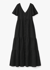 Flutter-Sleeve Tiered Linen Maxi Dress in Linen in Black — flat lay