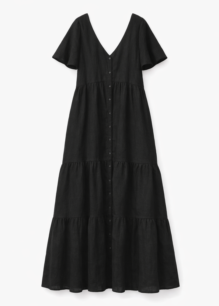 Flutter-Sleeve Tiered Linen Maxi Dress in Linen in Black — flat lay