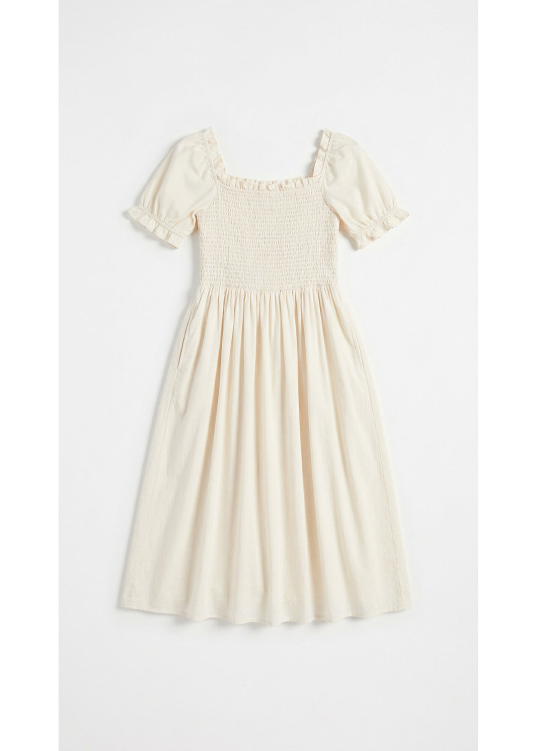 Smocked Short Sleeve Maternity Midi Dress in Cotton/Linen in Natural — flat lay
