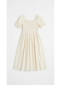 Smocked Short Sleeve Maternity Midi Dress in Cotton/Linen in Natural — flat lay