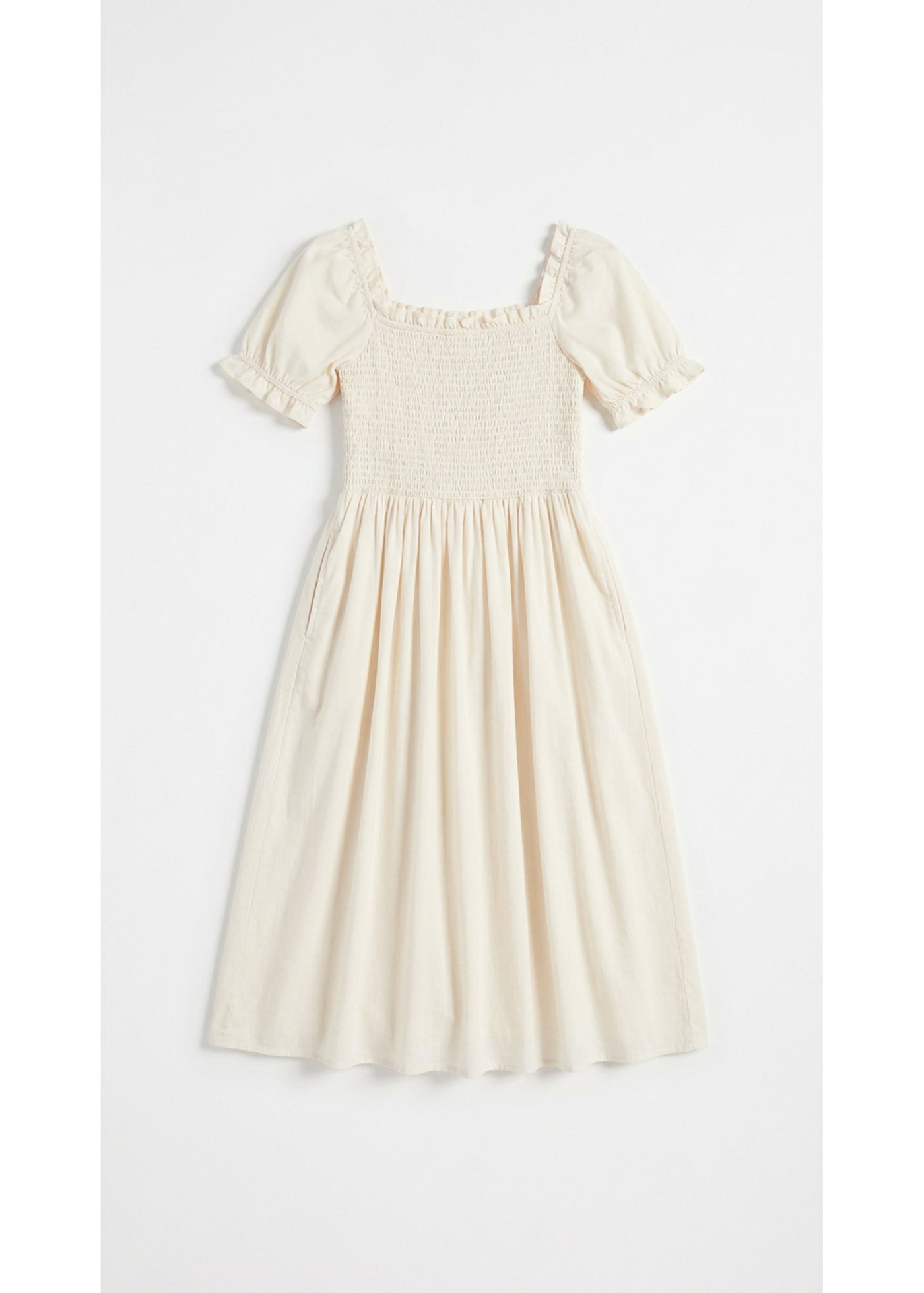 Smocked Short Sleeve Maternity Midi Dress in Cotton/Linen in Natural — flat lay