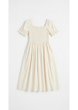 Smocked Short Sleeve Maternity Midi Dress in Cotton/Linen in Natural — flat lay