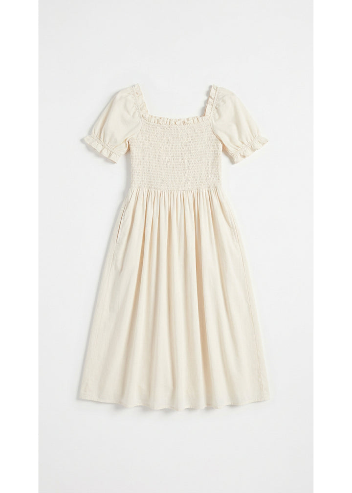 Smocked Short Sleeve Maternity Midi Dress in Cotton/Linen in Natural — flat lay