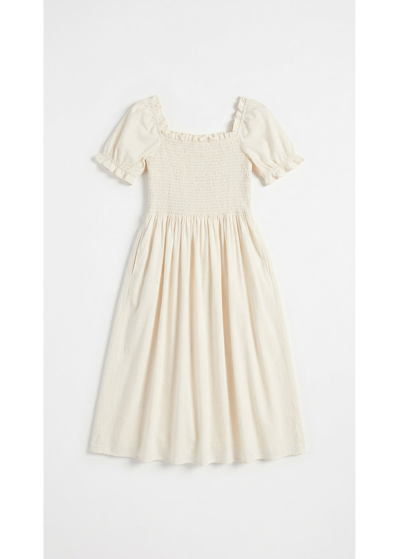 Smocked Short Sleeve Maternity Midi Dress in Cotton/Linen in Natural — flat lay