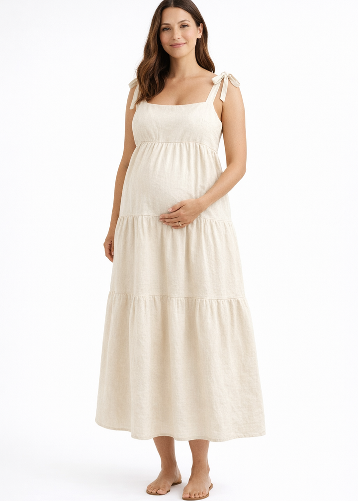 Tiered Tie-Strap Linen Maternity Maxi Dress in Linen in Natural — on model