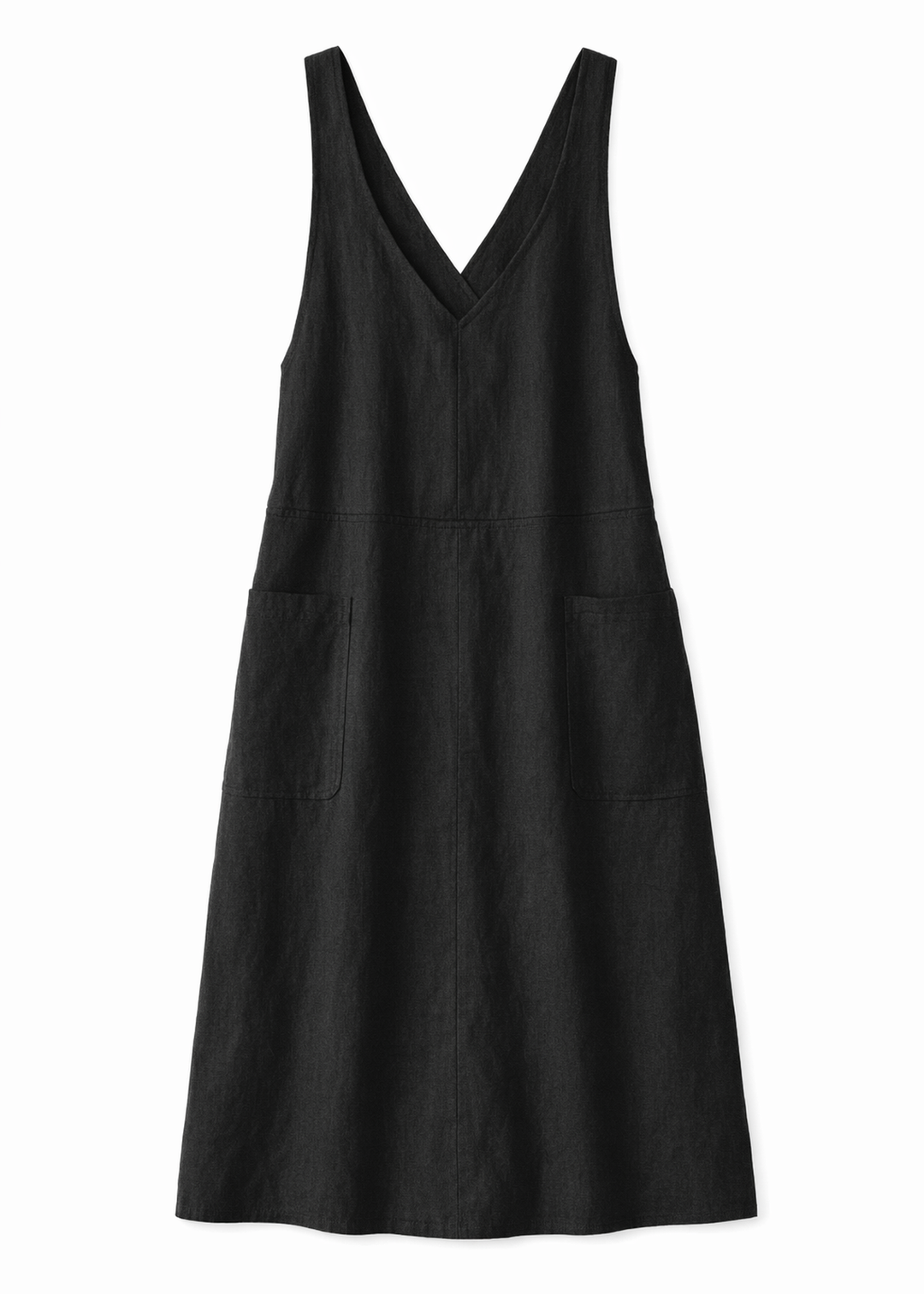 Cross-Back V-Neck Linen Pinafore Dress in Linen in Black — flat lay