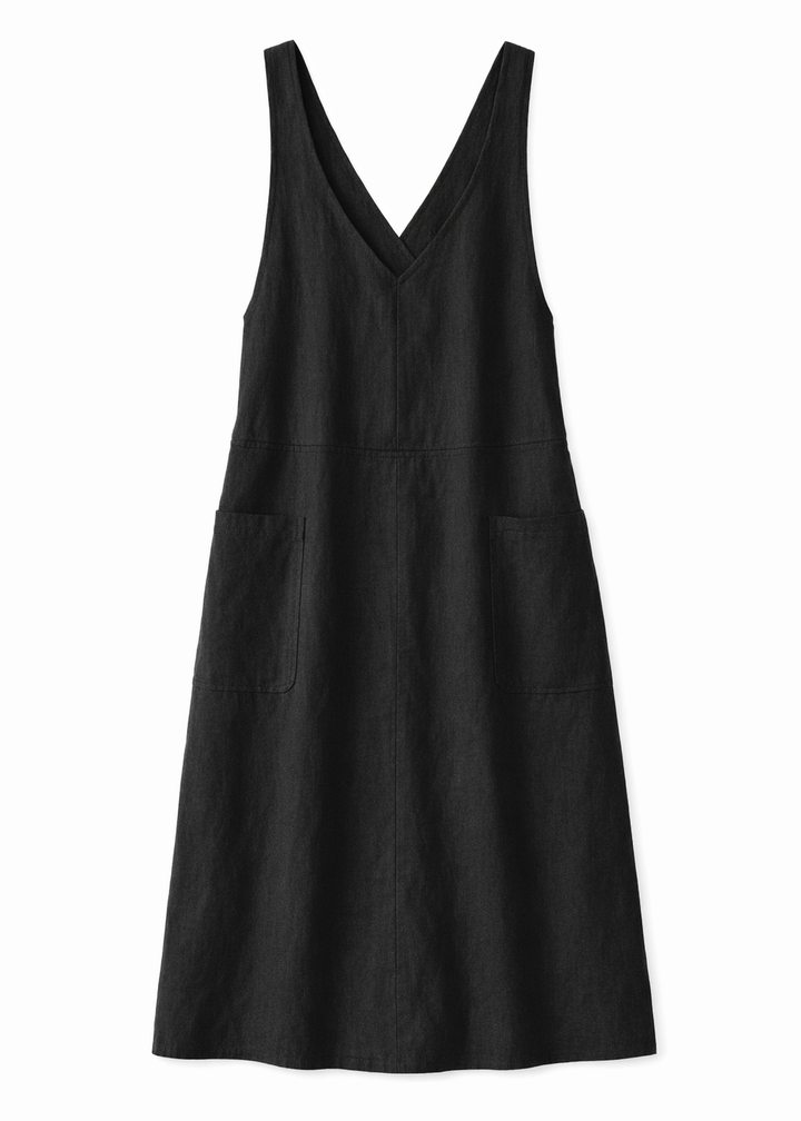 Cross-Back V-Neck Linen Pinafore Dress in Linen in Black — flat lay