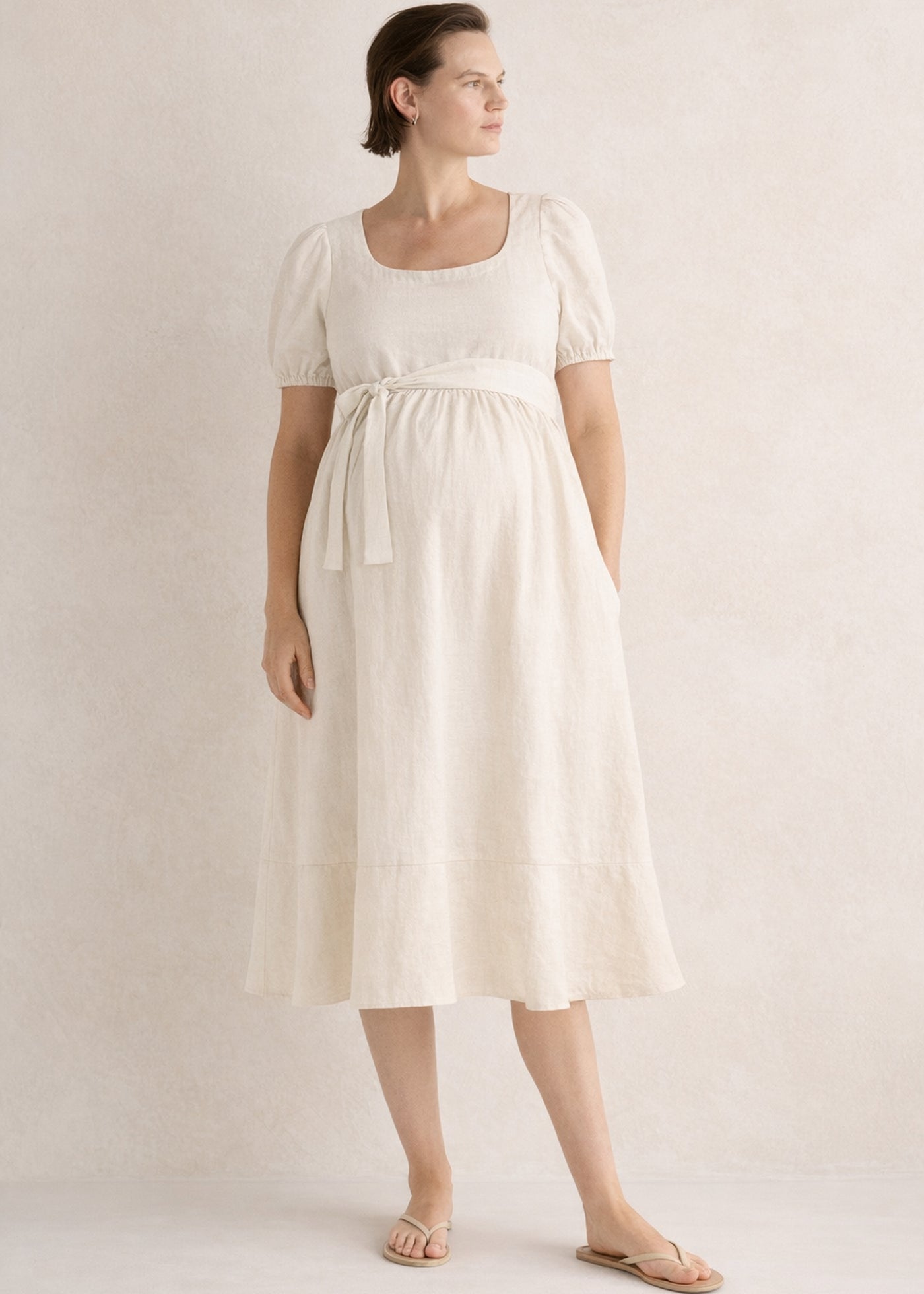 European Linen Maternity Midi Dress in Natural — on model