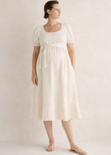 European Linen Maternity Midi Dress in Natural — on model