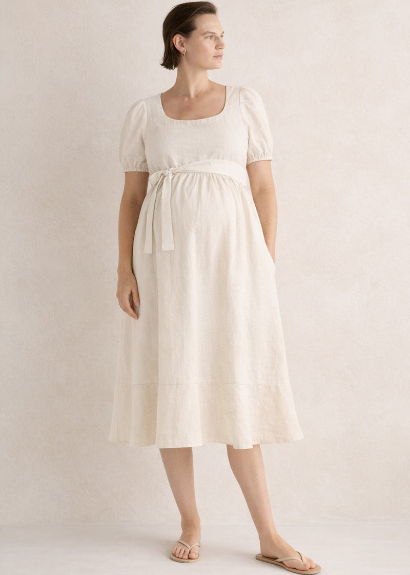 European Linen Maternity Midi Dress in Natural — on model
