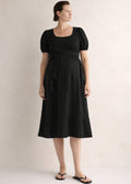 European Linen Maternity Midi Dress in Black — on model