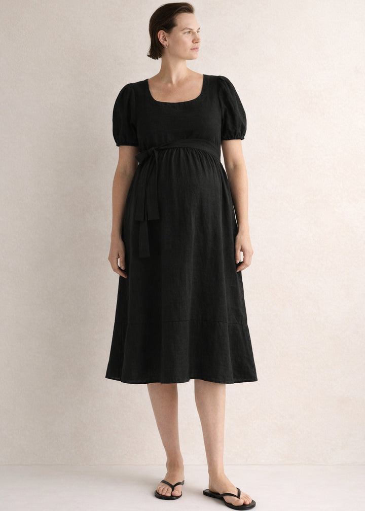 European Linen Maternity Midi Dress in Black — on model
