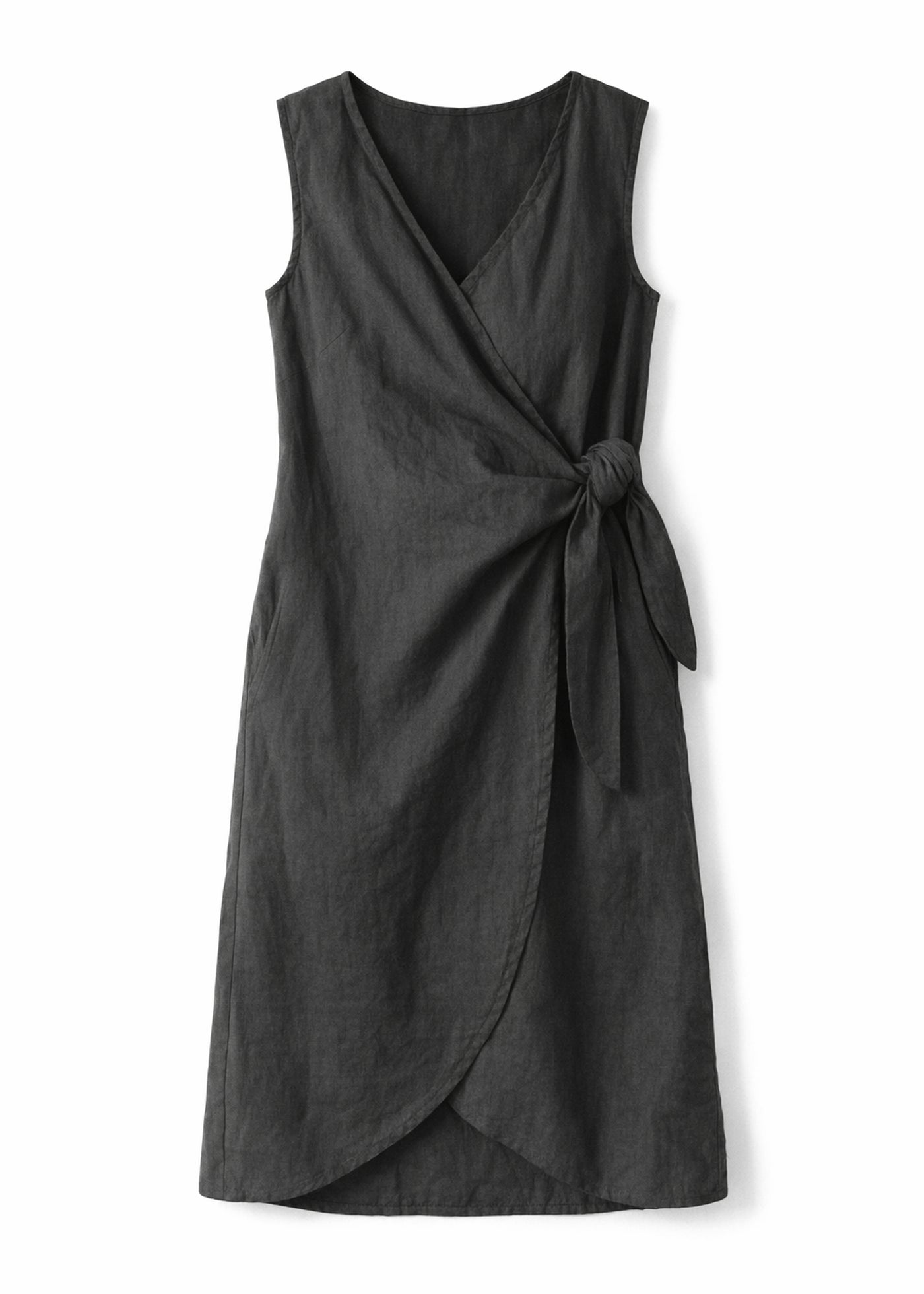 Sleeveless Ruched-Side Linen Wrap Dress in Black — flat lay
