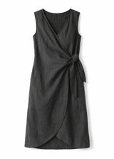 Sleeveless Ruched-Side Linen Wrap Dress in Black — flat lay