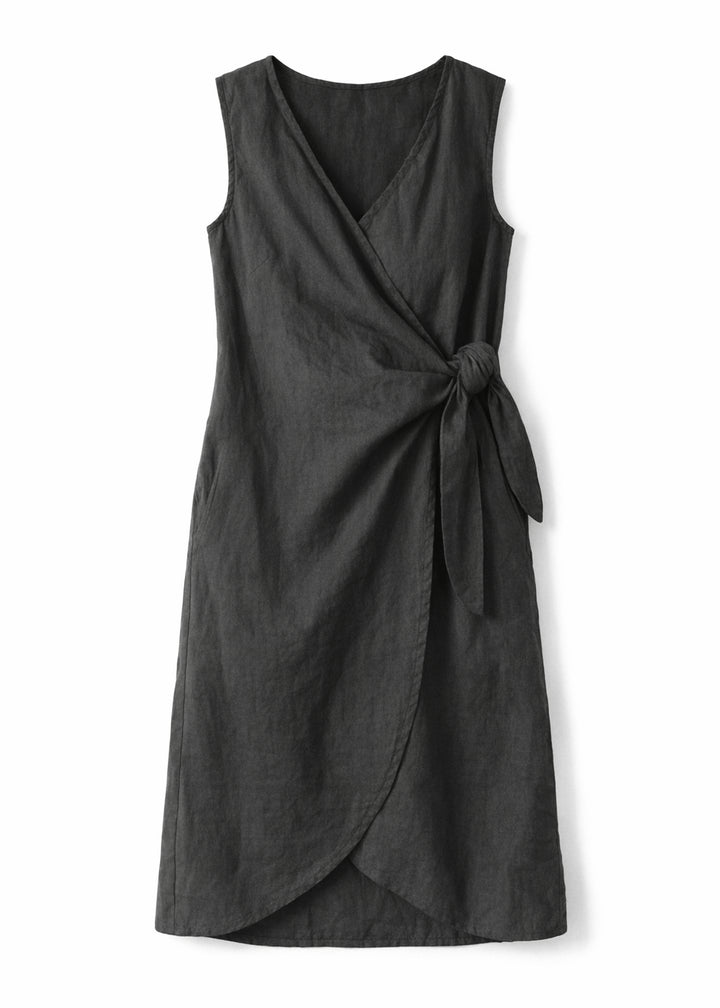 Sleeveless Ruched-Side Linen Wrap Dress in Black — flat lay