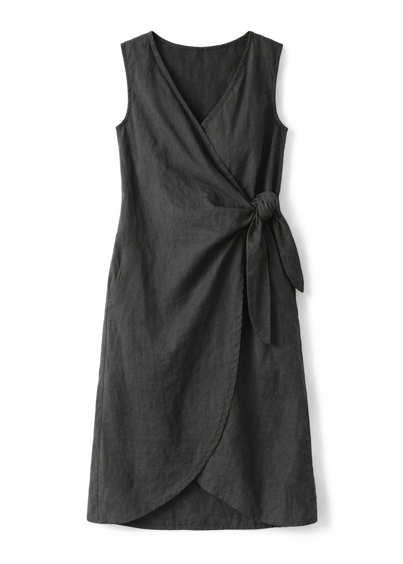 Sleeveless Ruched-Side Linen Wrap Dress in Black — flat lay