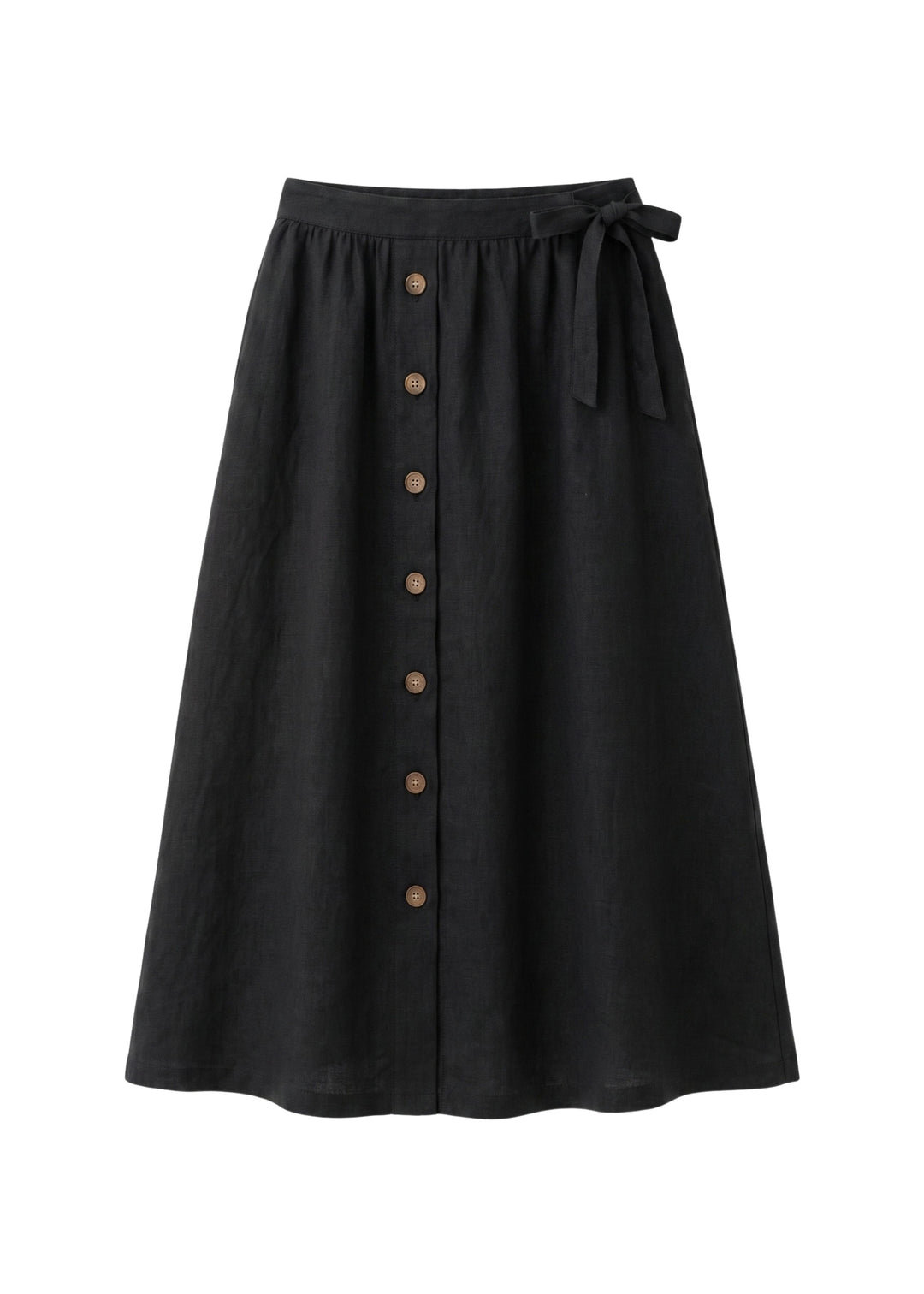 A-Line Button-Front Gingham Linen Midi Skirt in Linen