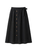 A-Line Button-Front Gingham Linen Midi Skirt in Linen