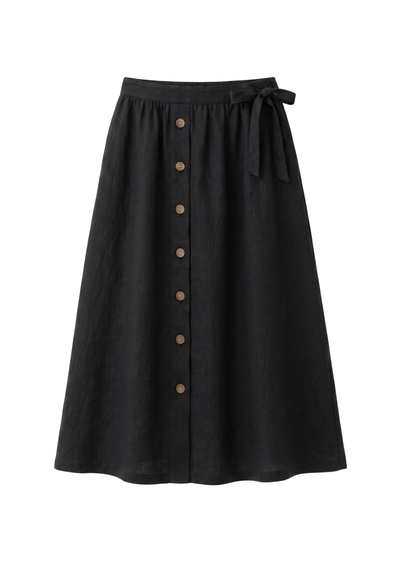 A-Line Button-Front Gingham Linen Midi Skirt in Linen
