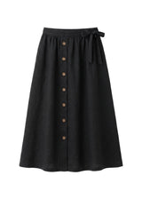 A-Line Button-Front Gingham Linen Midi Skirt in Linen