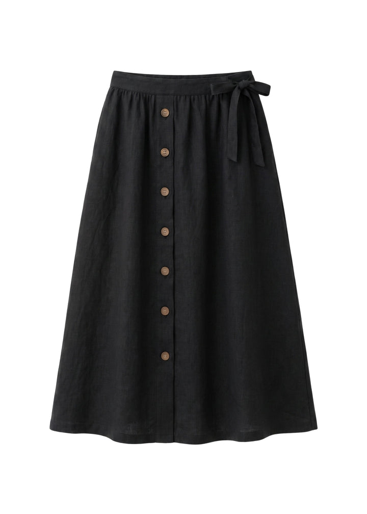 A-Line Button-Front Gingham Linen Midi Skirt in Linen