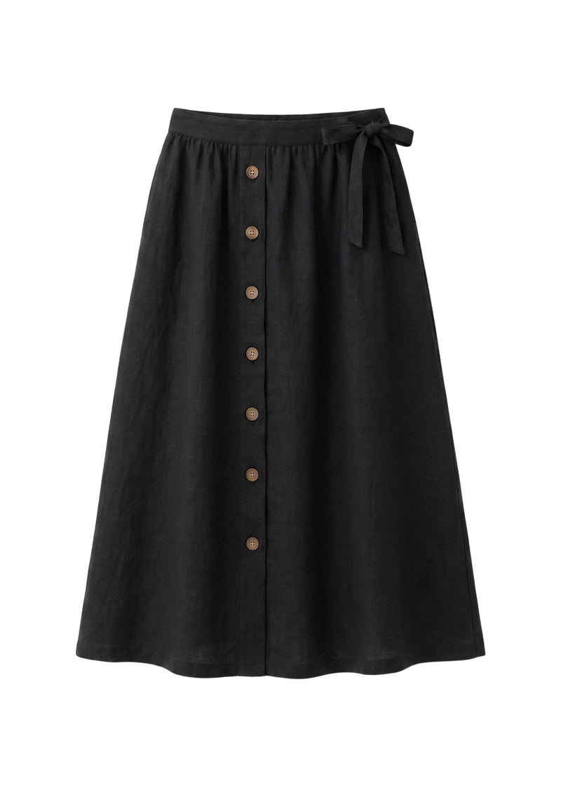 A-Line Button-Front Gingham Linen Midi Skirt in Linen