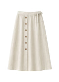 A-Line Button-Front Gingham Linen Midi Skirt in Linen
