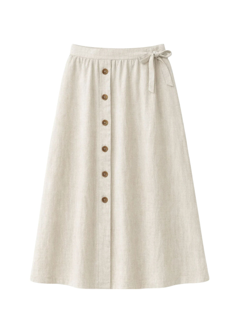 A-Line Button-Front Gingham Linen Midi Skirt in Linen