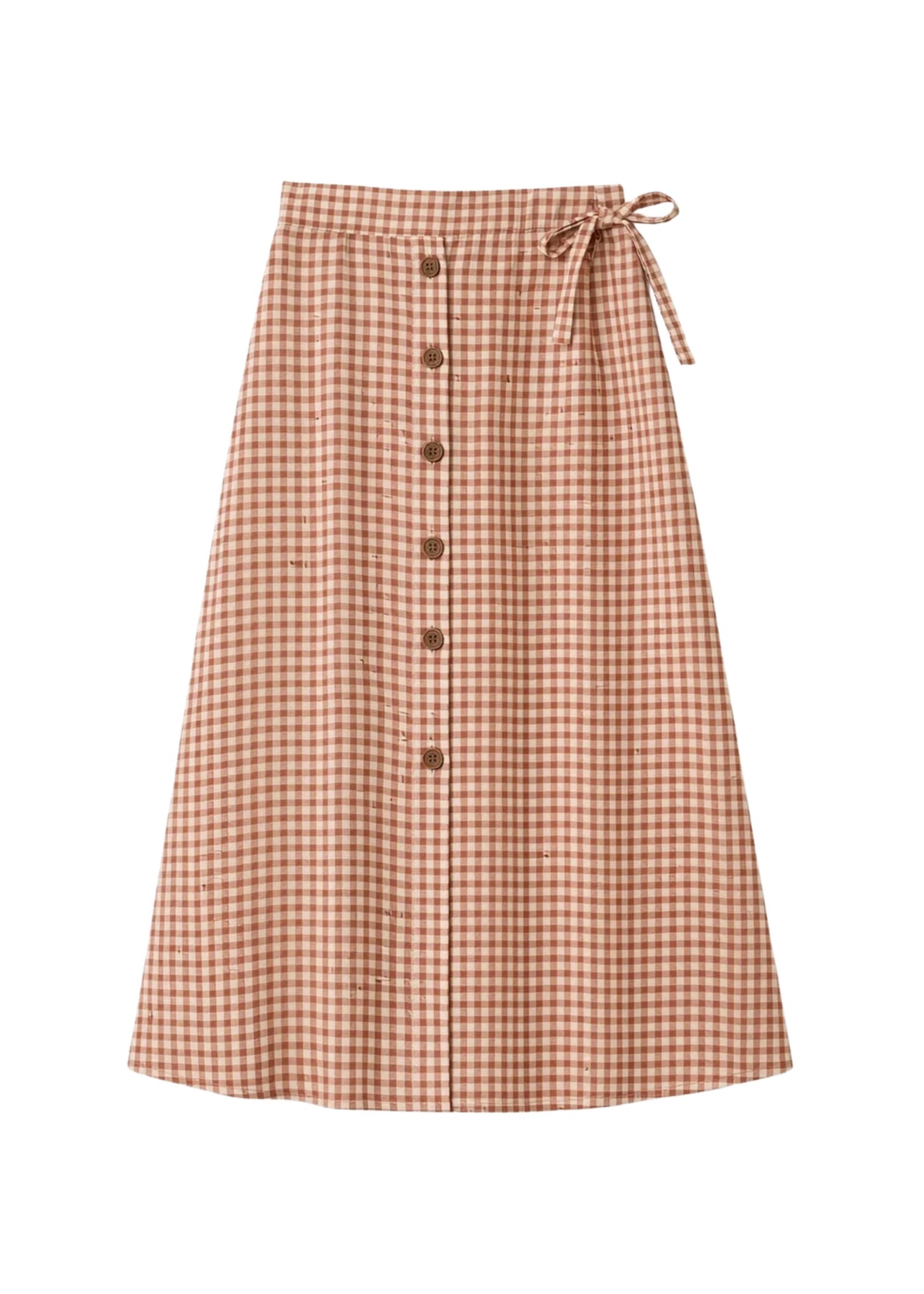 A-Line Button-Front Gingham Linen Midi Skirt in Linen