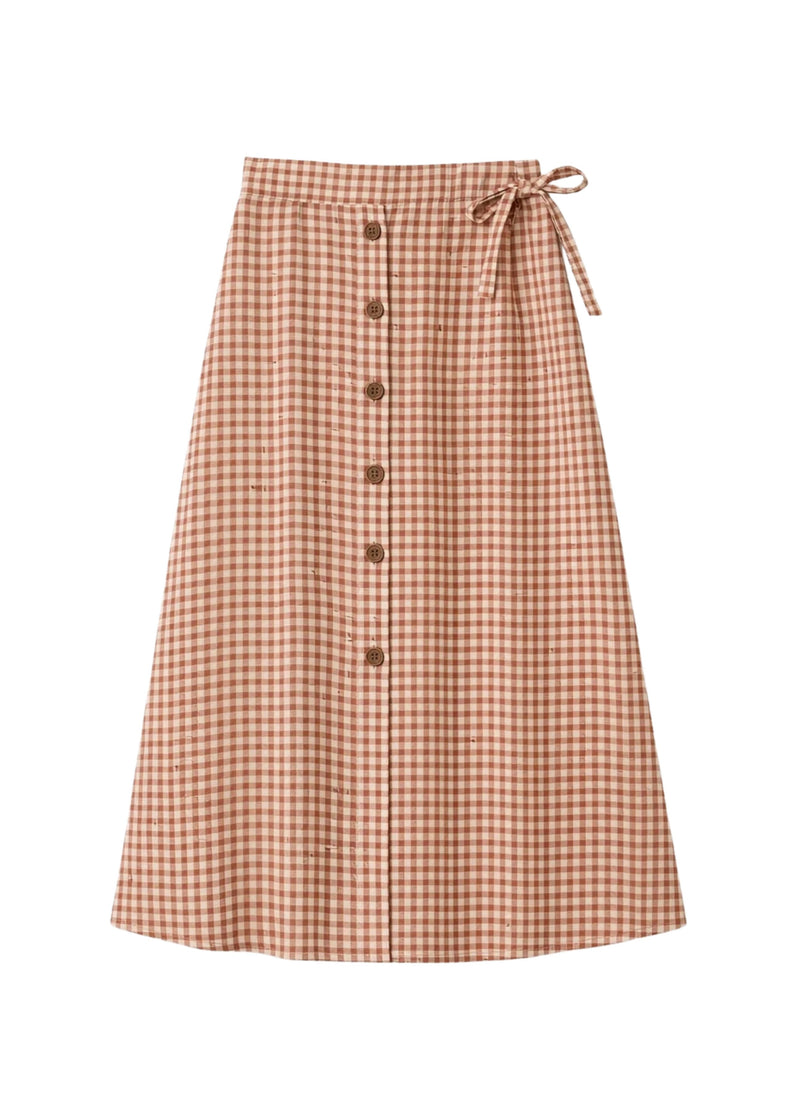 A-Line Button-Front Gingham Linen Midi Skirt in Linen