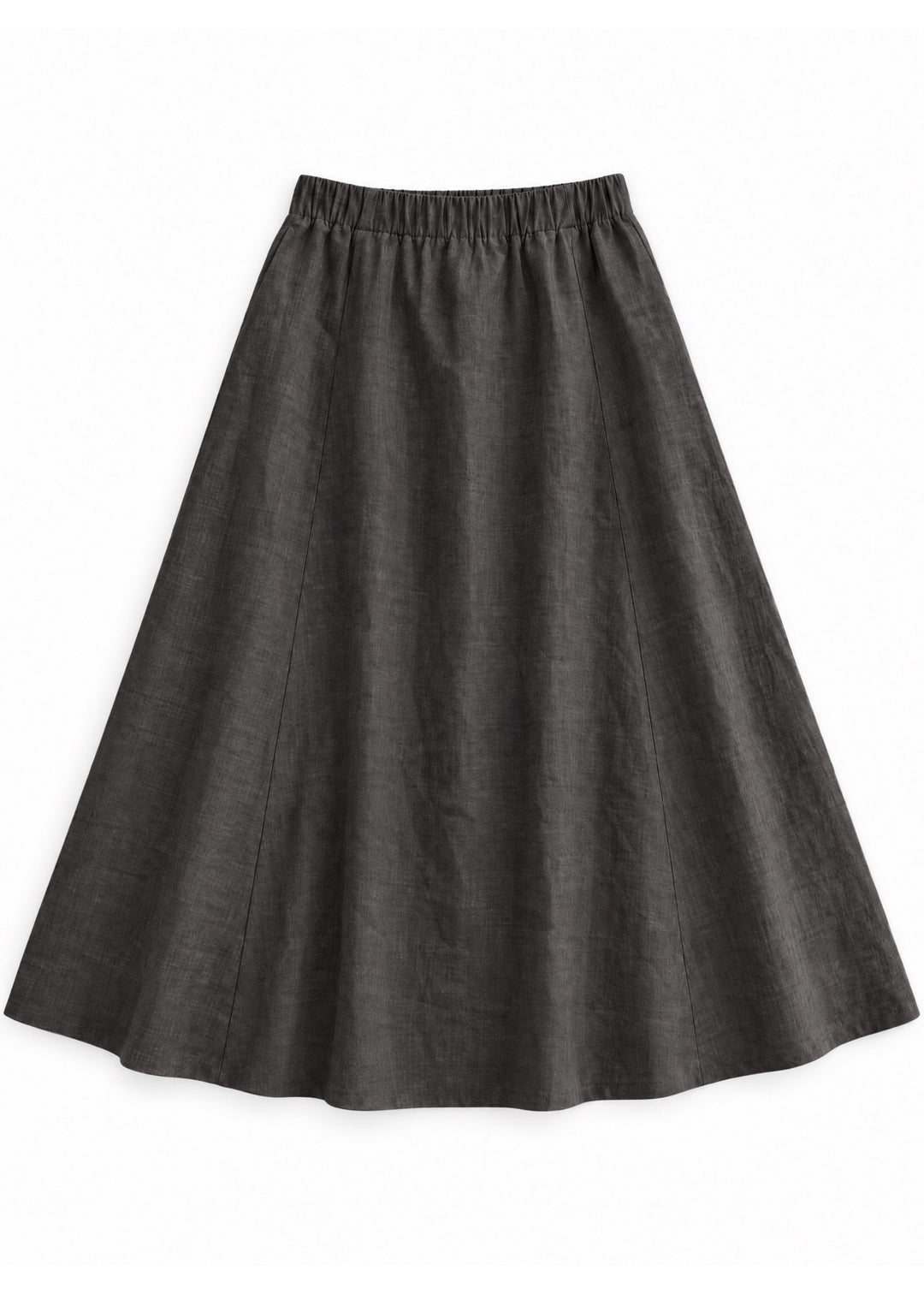 A-Line Paneled Skirt in ebony sandwashed linen, flat lay with gathered elastic waistband and vertical panel seams.