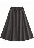 A-Line Paneled Skirt in ebony sandwashed linen, flat lay with gathered elastic waistband and vertical panel seams.