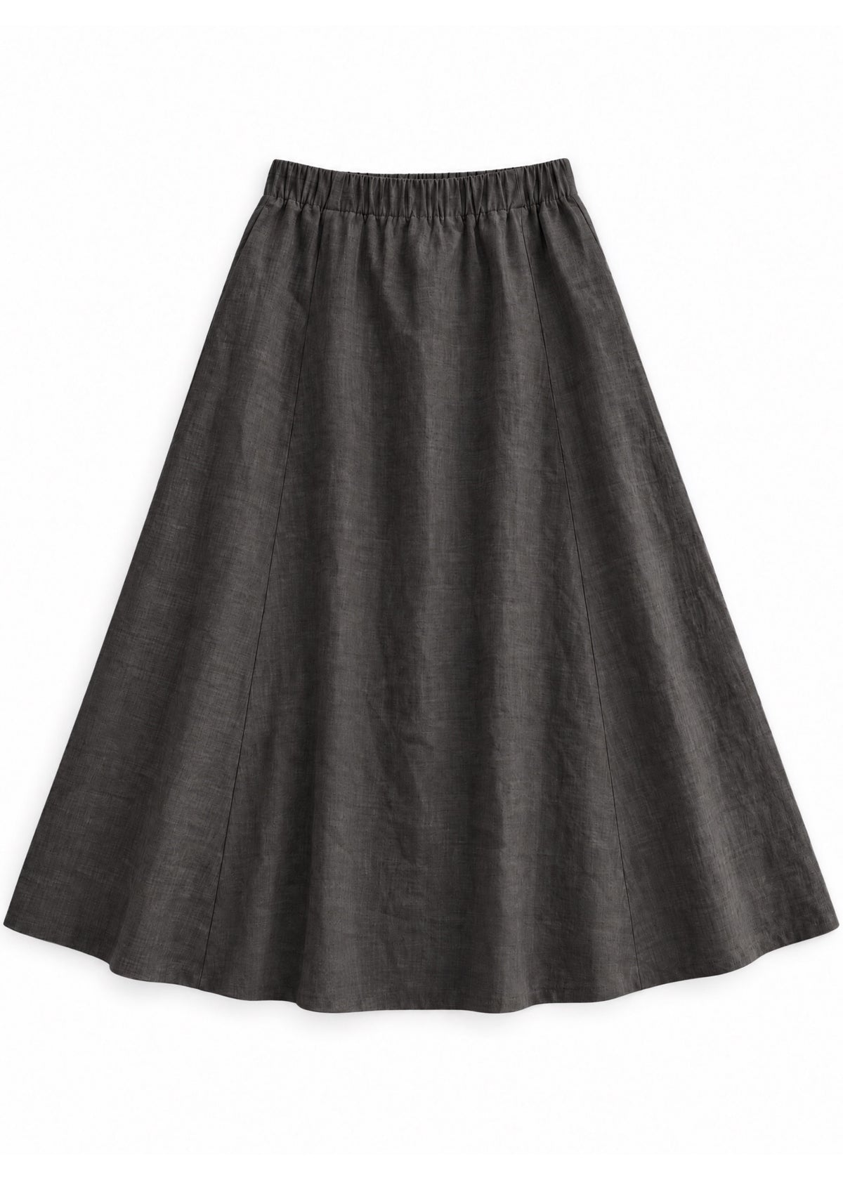 A-Line Paneled Skirt in ebony sandwashed linen, flat lay with gathered elastic waistband and vertical panel seams.