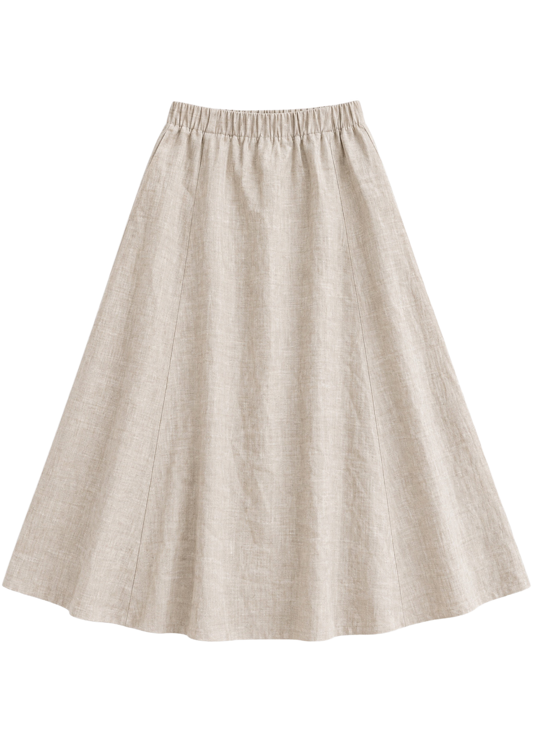 A-Line Paneled Skirt in natural sandwashed linen, flat lay with gathered elastic waistband and vertical panel seams.