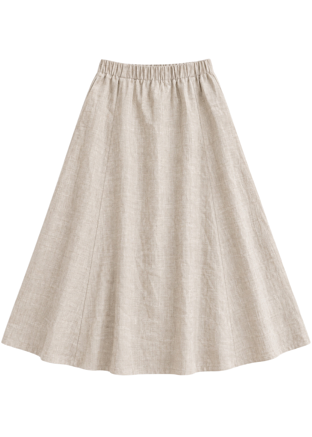 A-Line Paneled Skirt in natural sandwashed linen, flat lay with gathered elastic waistband and vertical panel seams.