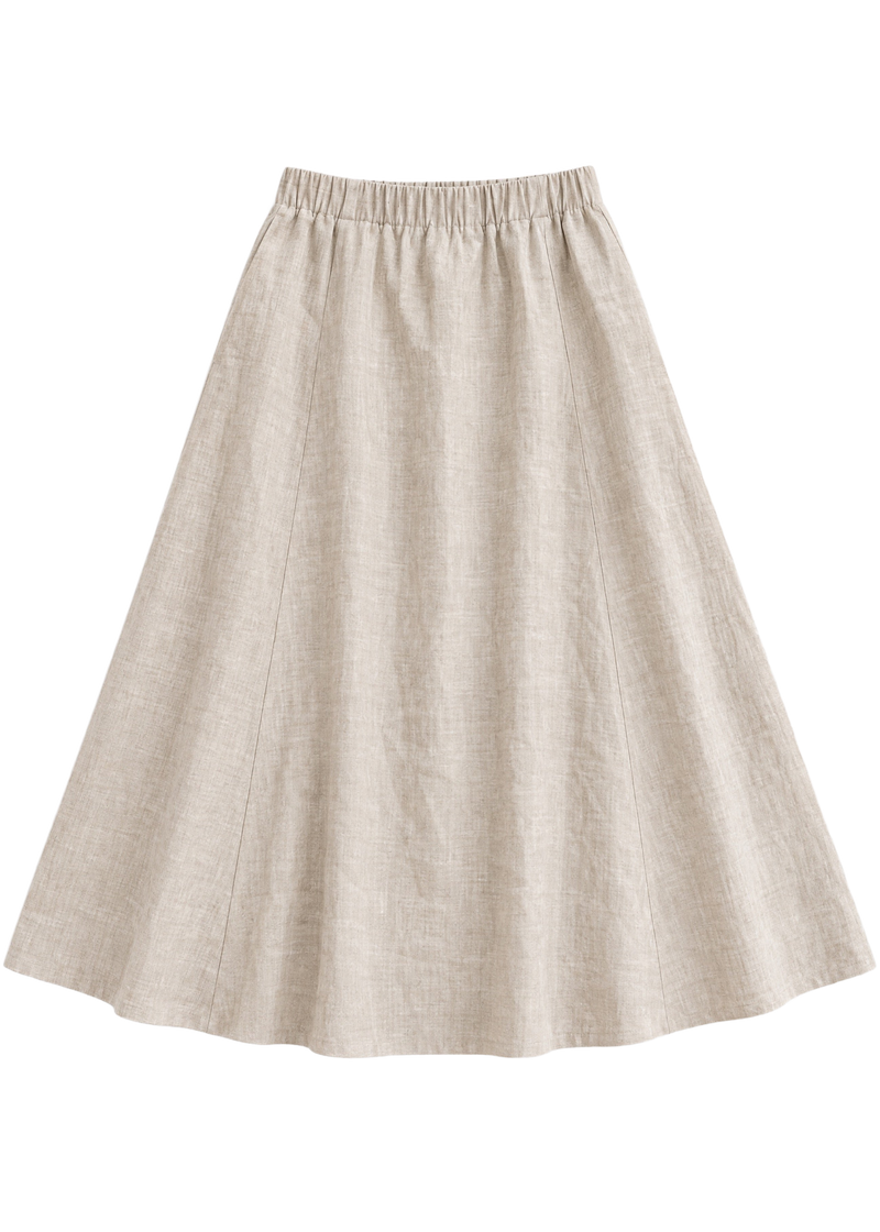 A-Line Paneled Skirt in natural sandwashed linen, flat lay with gathered elastic waistband and vertical panel seams.