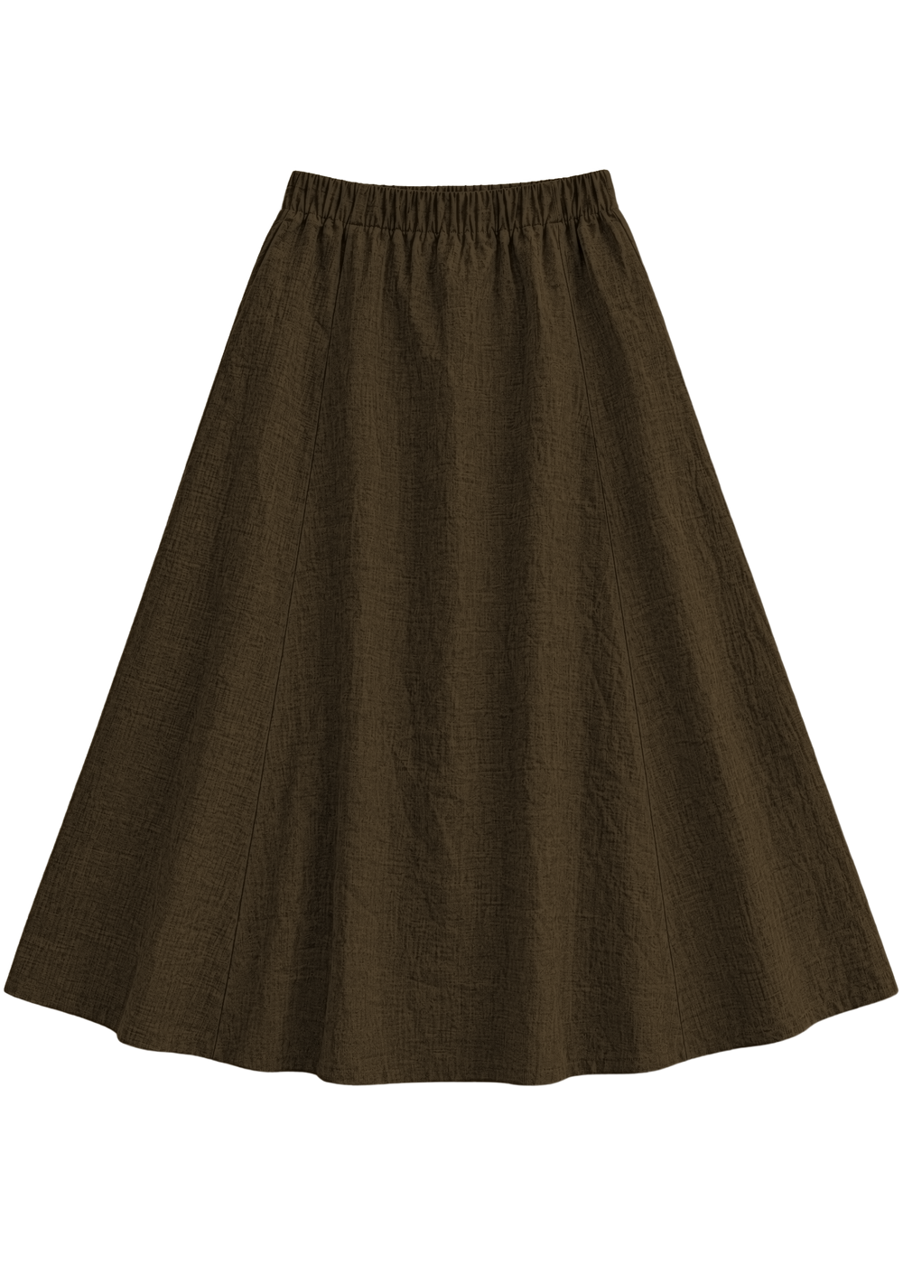 A-Line Paneled Skirt in olive sandwashed linen, flat lay with a flat A-line front and vertical panel seams.