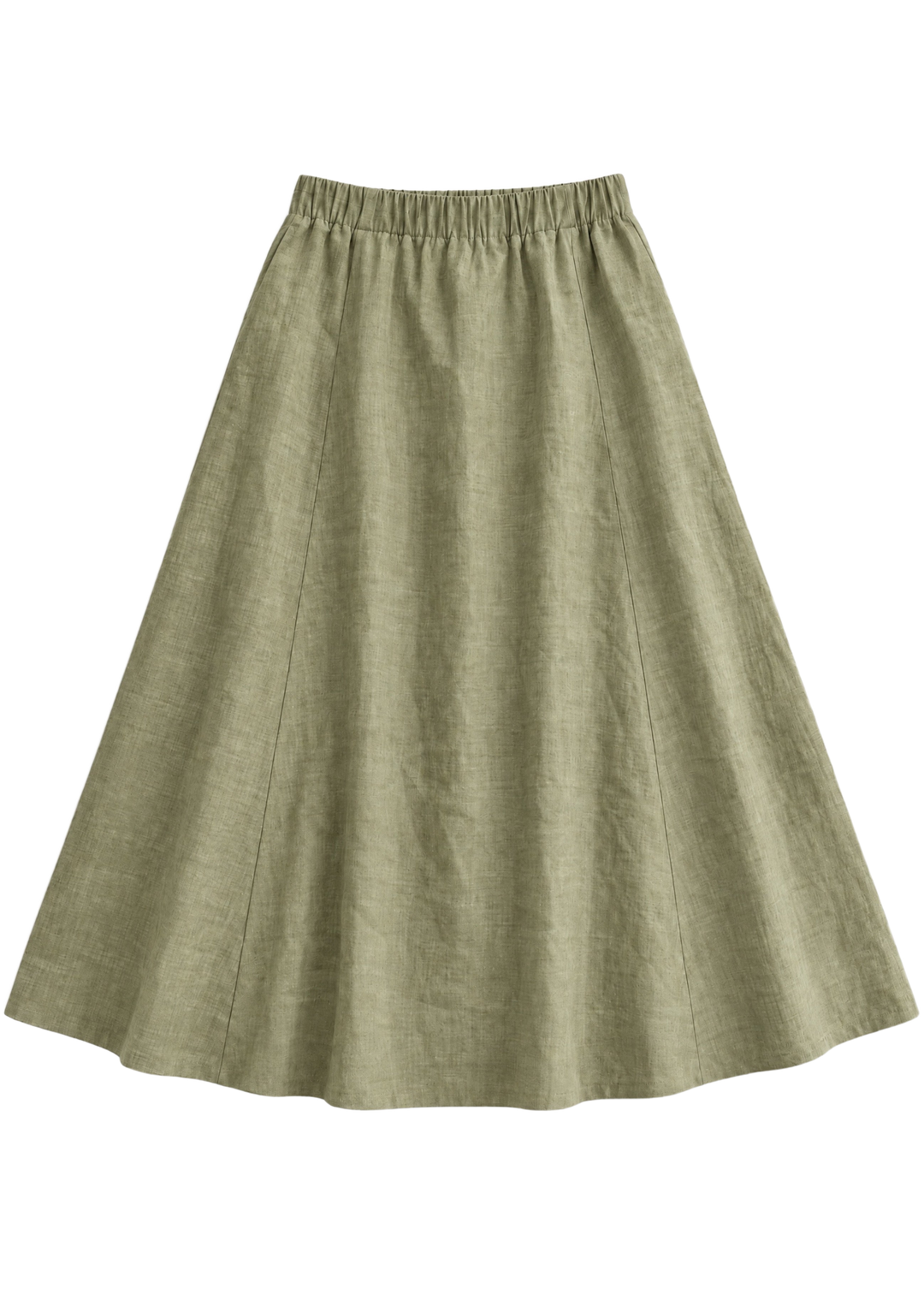 A-Line Paneled Skirt in olive sandwashed linen, flat lay with gathered elastic waistband and vertical panel seams.