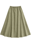 A-Line Paneled Skirt in olive sandwashed linen, flat lay with gathered elastic waistband and vertical panel seams.