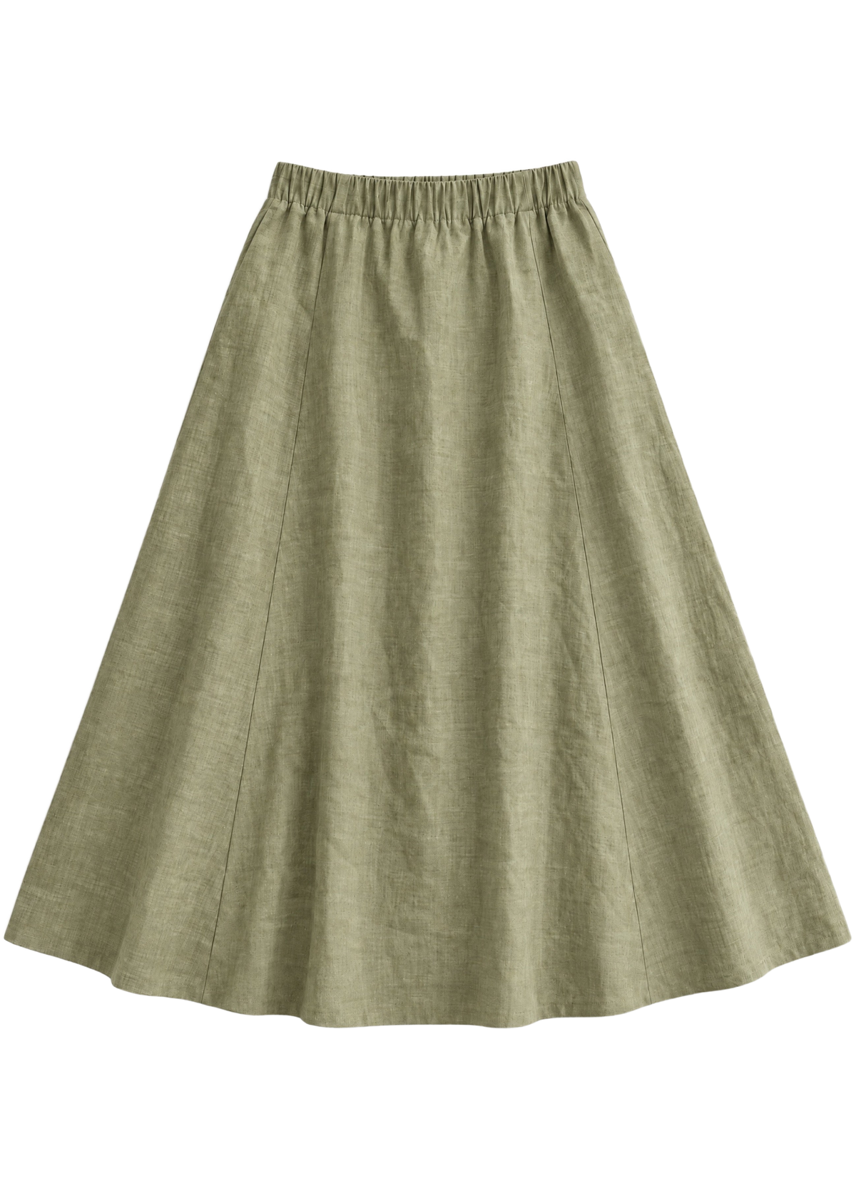 A-Line Paneled Skirt in olive sandwashed linen, flat lay with gathered elastic waistband and vertical panel seams.