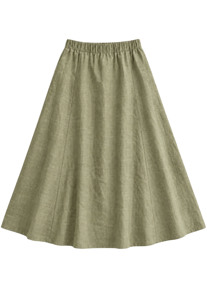 A-Line Paneled Skirt in olive sandwashed linen, flat lay with gathered elastic waistband and vertical panel seams.