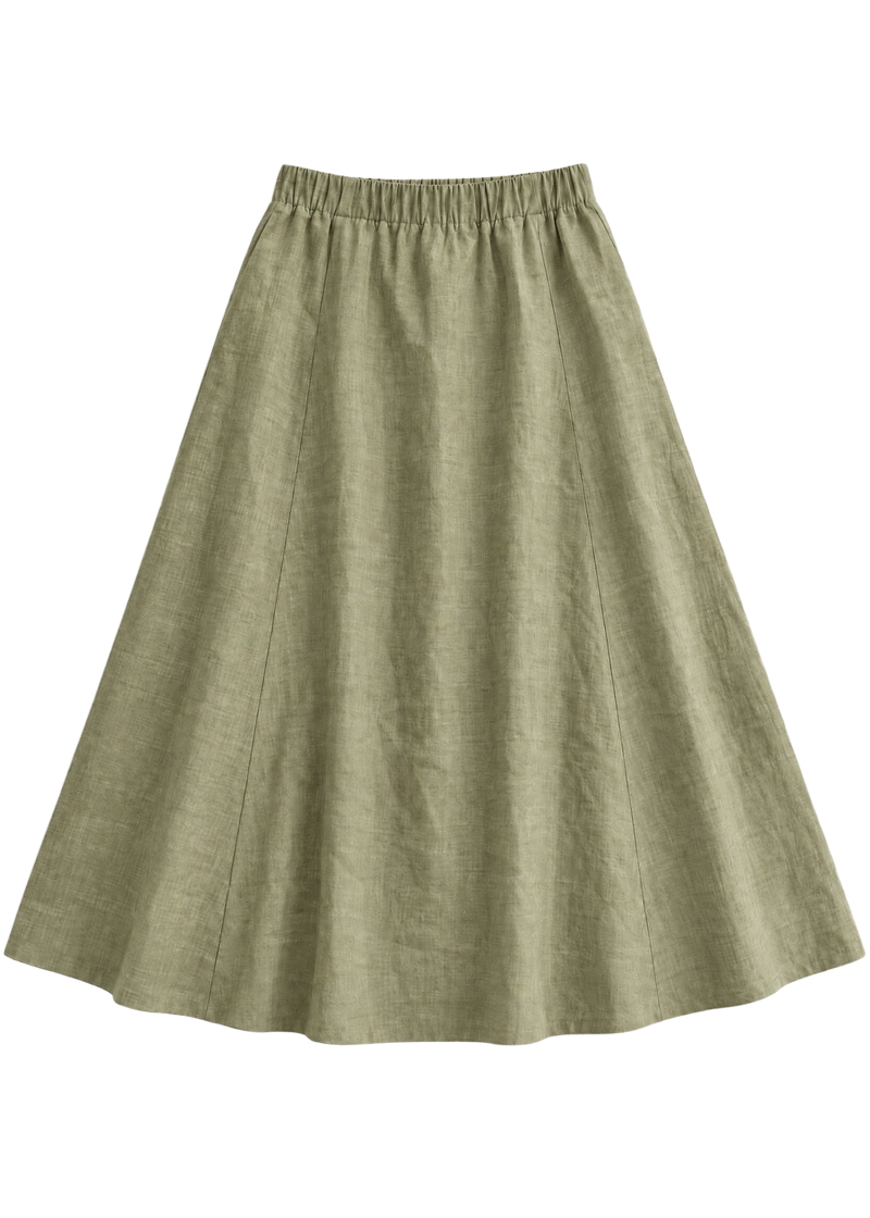 A-Line Paneled Skirt in olive sandwashed linen, flat lay with gathered elastic waistband and vertical panel seams.