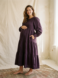 Tiered Empire-Seam Linen Maxi Dress in Eggplant - on model